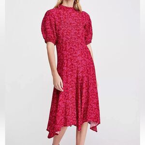 Free People Jessie Midi‎ Dress Red Pink Ditsy Floral Print Viscose Boho Size XS
